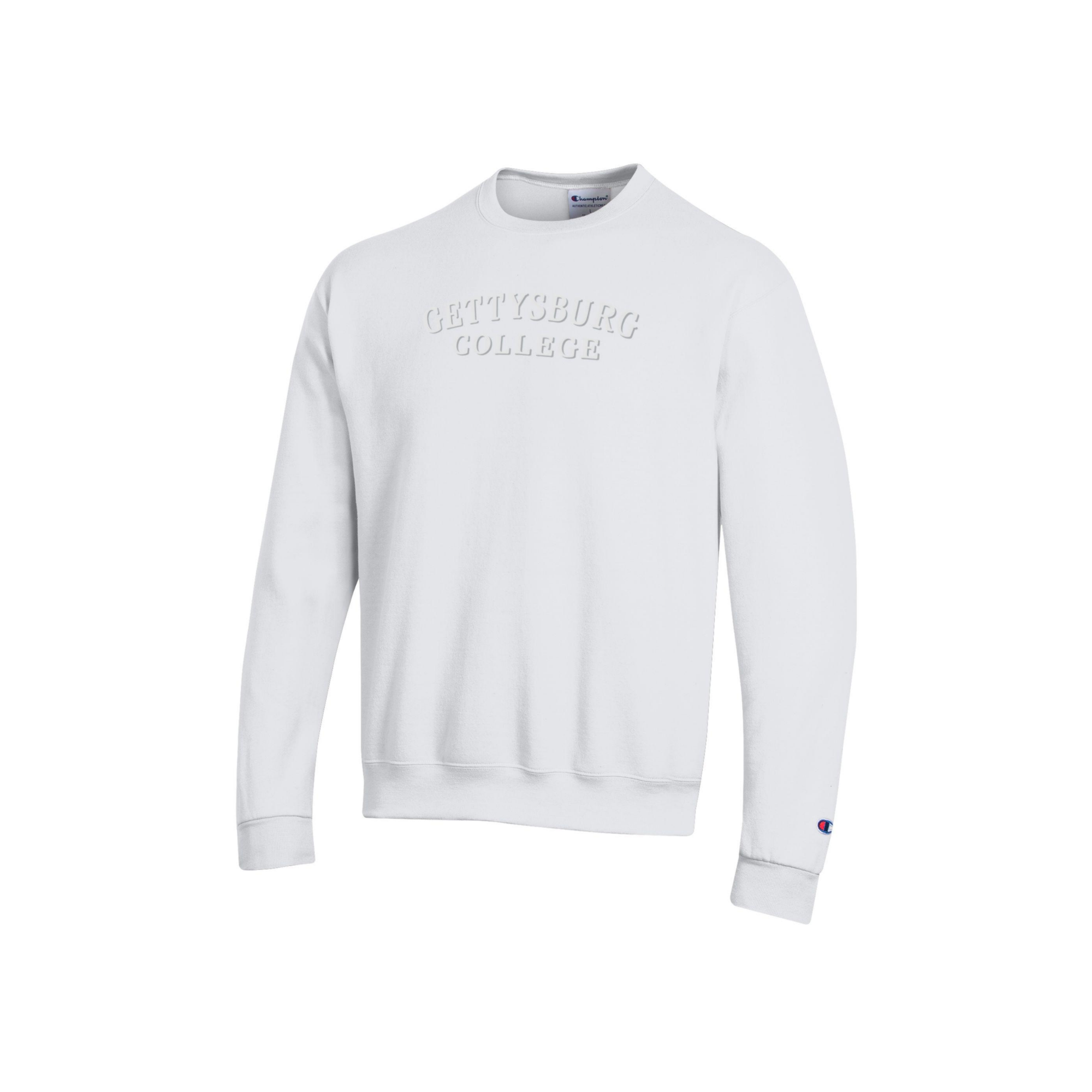 Champion Power Blend Fleece White Crew - Gettysburg College Puff Embroidery