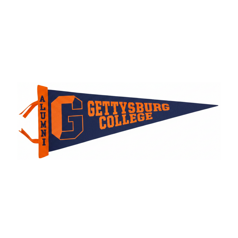A navy blue and orange Gettysburg College pennant flag with 'ALUMNI' and a large 'G' on the left, and 'GETTYSBURG COLLEGE' text across the front, shown on a plain white background.