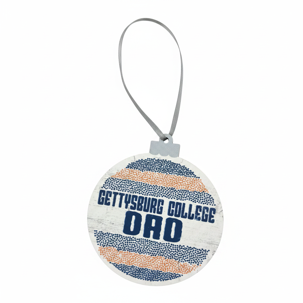 A round decorative ornament with a gray hanging loop, featuring the text 'GETTYSBURG COLLEGE DAD' in navy blue over a distressed white background with horizontal navy and orange dotted stripes.