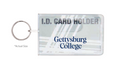 A clear plastic keychain ID card holder with a metal split ring. 