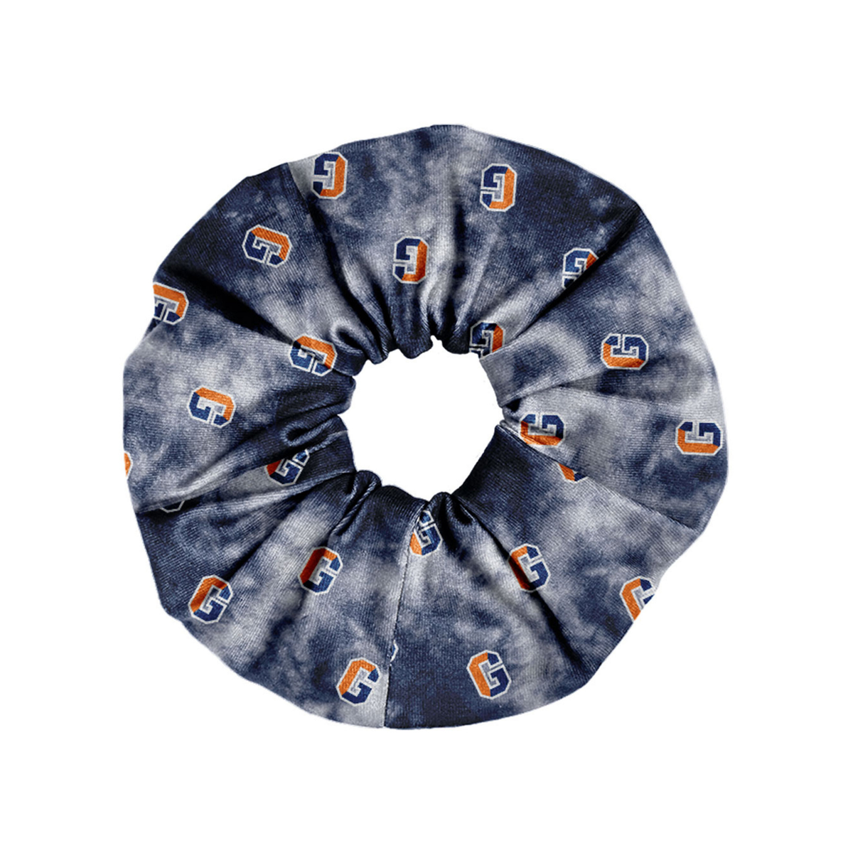 A fabric hair scrunchie featuring a navy blue and gray tie-dye pattern with a repeating orange and blue 'G' logo, shown on a plain white background.