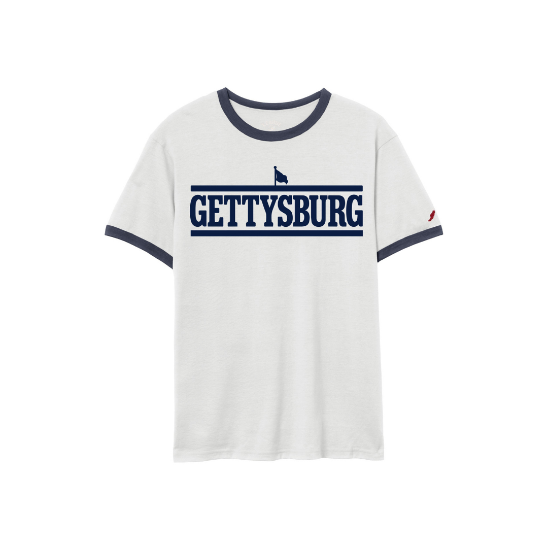 League Gettysburg College Heritage Classic Wordmark Victory Falls Unisex Ringer Short Sleeve Tee