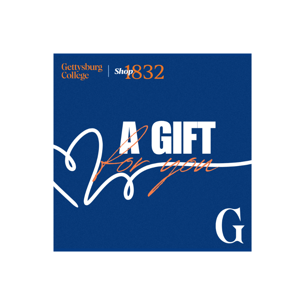 A square blue gift card or voucher design with the text 'Gettysburg College Shop832', 'A GIFT for you', and a large letter G on a white background.