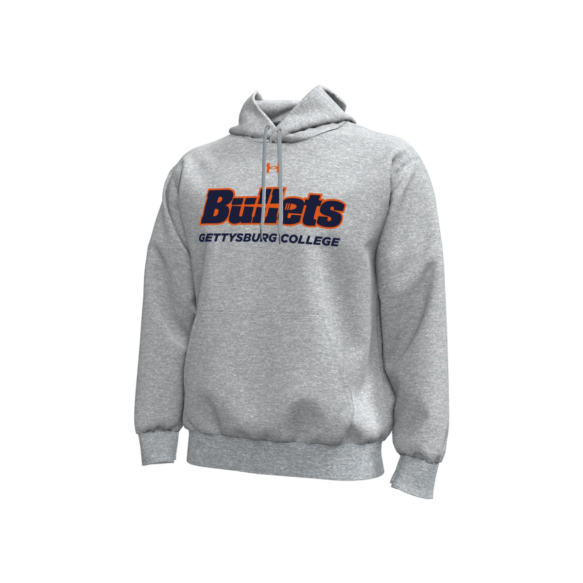 A heather gray Under Armour pullover hoodie featuring the word 'Bullets' in orange with a navy outline and 'GETTYSBURG COLLEGE' printed underneath in navy, displayed on a clean white background.